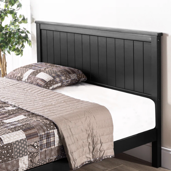 Modern Farmhouse King Size Solid Wood Platform Bed with Slat-Style Headboard and Matte Black Finish