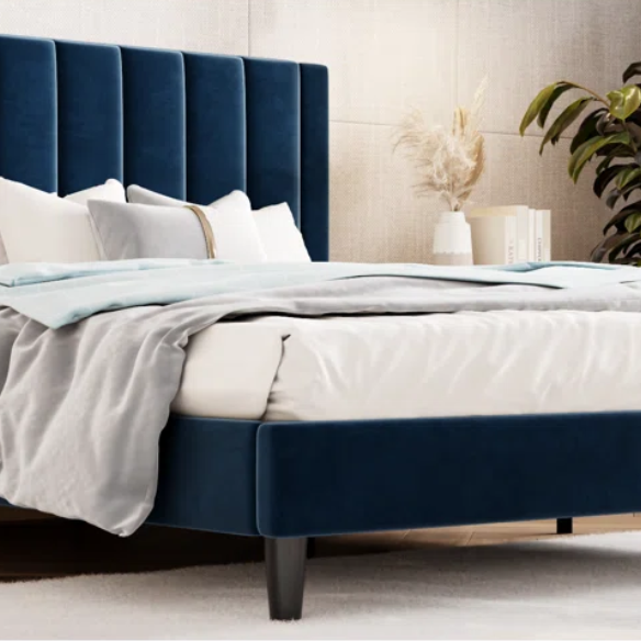 Luxurious Upholstered Platform Bed – Full/Double Size with Velvet Upholstery and Striped Headboard for Elegant Comfort