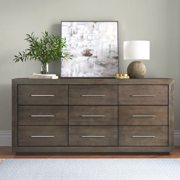 Rustic Mountain Retreat: Solid Wood Platform 4-Piece Bedroom Set – Low-Profile Bed, 9-Drawer Dresser, Nightstand, and Optional 5-Drawer Chest, Crafted from Pine Wood with Warm Finish and Natural Grain Variations for Cozy, Casual Elegance