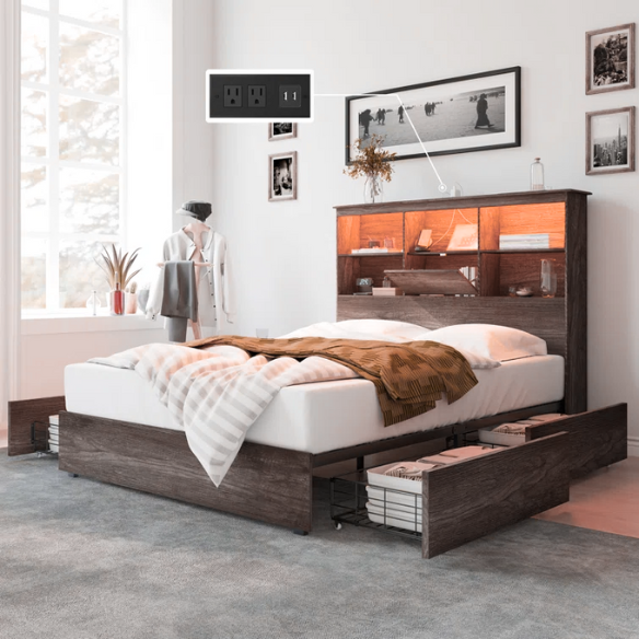 Innovative LED Bookcase Bed – Full/Double Size with Built-In Storage, Sleek Design, and LED Lighting for Modern Living