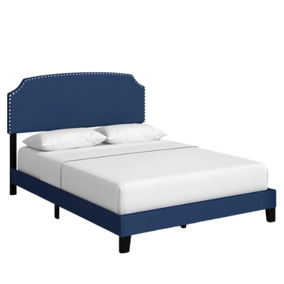 King Size Upholstered Standard Bed with Scooped Corner Headboard, Nailhead Trim, and Extra Support Feet – Classic Design with Adjustable Base Compatibility