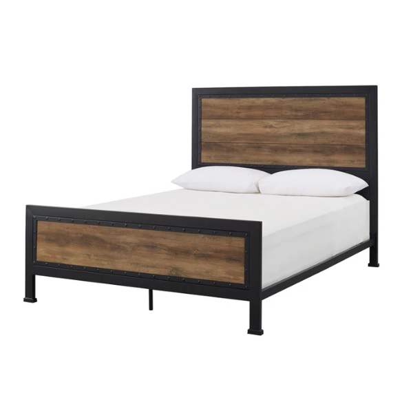 Rustic Industrial Queen Size Bed with Wood-Look Center – Sturdy and Stylish Design