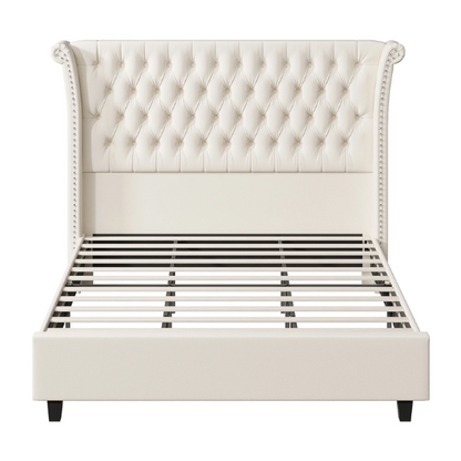 Luxurious Tufted Button Upholstered Wingback Queen Bed with Raised Headboard for Ultimate Comfort