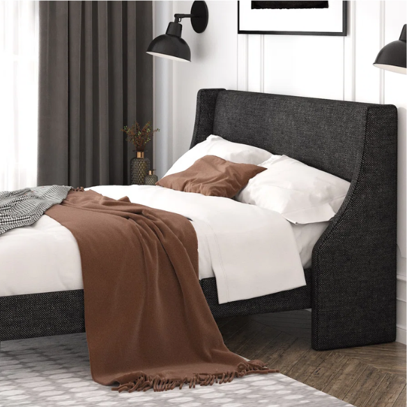 Modern Queen Size Upholstered Platform Bed with Deluxe Wingback and Linen Blend Fabric