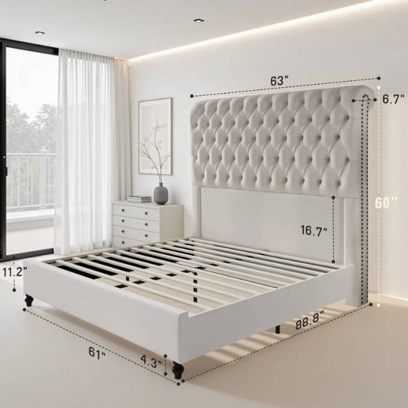 Luxurious Velvet Upholstered Sleigh Bed with Tufted Button and Gem-Accented Headboard