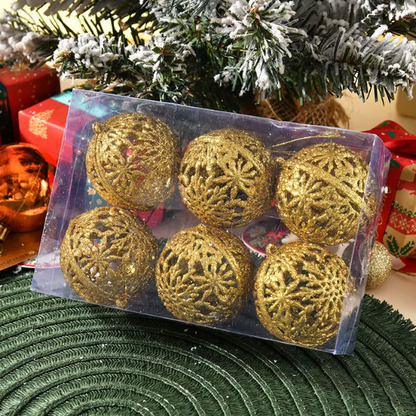 Gold Glitter Snowflake Christmas Ball Ornaments – Set of 6 Decorative Holiday Baubles