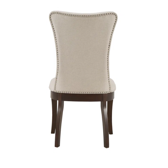 Beige Wingback Upholstered Dining Chairs – Set of 2, Nailhead Trim & Dark Cherry Legs