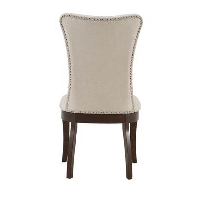 Beige Wingback Upholstered Dining Chairs – Set of 2, Nailhead Trim & Dark Cherry Legs