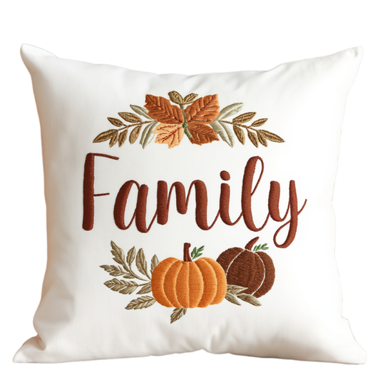 Family Pumpkin and Leaf Embroidered Pillow