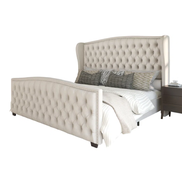 Velvet Queen Size Bed with Button Tufted Upholstery, Nailhead Trim, and Wingback Headboard