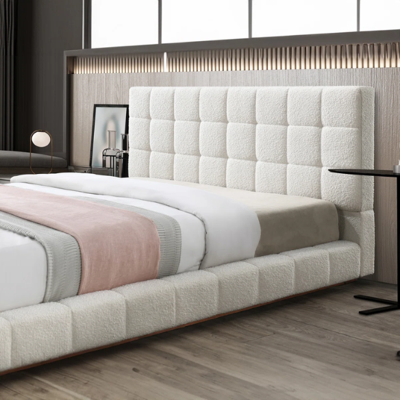 King Size Upholstered Platform Bed with Luxurious Tufted Bouclé Fabric – Modern Elegance, Timeless Sophistication, and Superior Craftsmanship for Your Bedroom Sanctuary