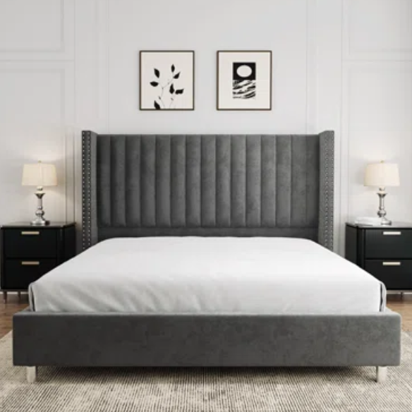 Velvet Upholstered Queen Size Platform Bed with Tufted Button Detail on Headboard