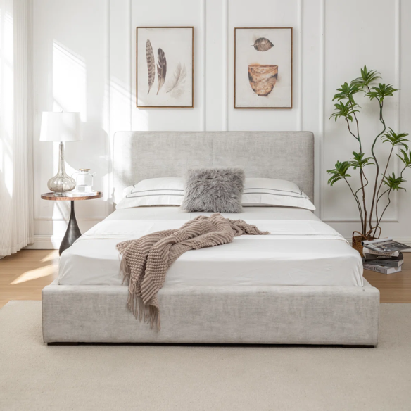 Elegant Grey Queen Size Upholstered Bed with Soft Bouclé Polyester Fabric – Modern and Stylish