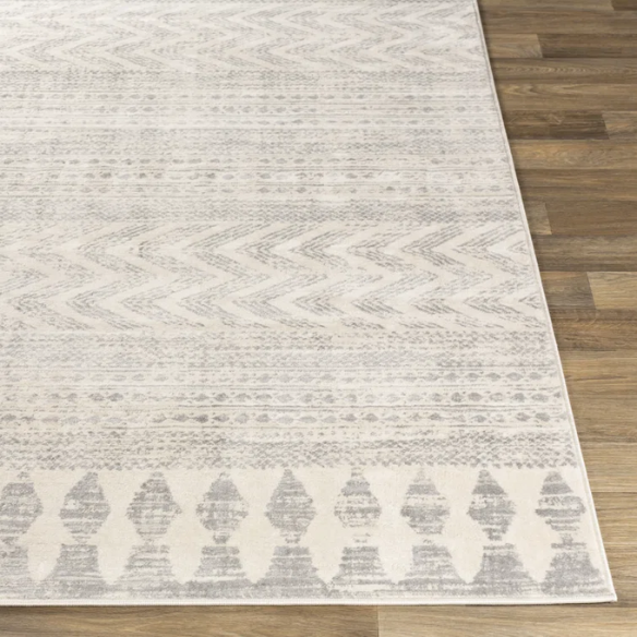 Southwestern-Inspired Geometric Rug – Gray Diamond, Chevron & Dot Patterns on Off-White, Stain-Resistant, Perfect for High-Traffic Areas