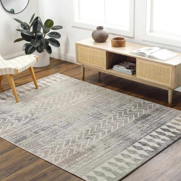 Southwestern-Inspired Geometric Rug – Dark Grey Diamond, Chevron & Dot Patterns on Off-White, Stain-Resistant, Perfect for High-Traffic Areas