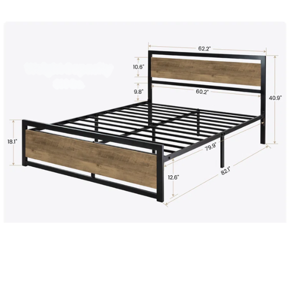 Queen Size Wood and Black Metal Frame Bed with Headboard – Modern Design with Rustic Distressed Wood Accents
