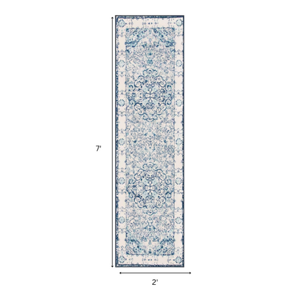Distressed Oriental-Inspired Indoor Rug – Blue and White Medallion Pattern, Stain-Resistant, Fade-Resistant, Perfect for Traditional & French Country Décor