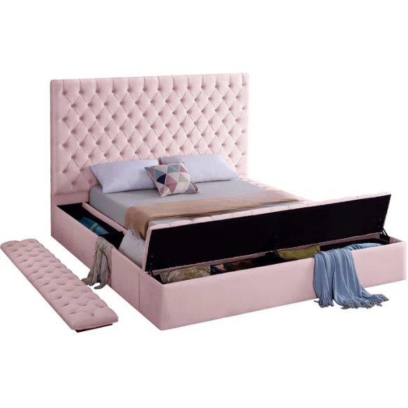 Elegant Velvet Upholstered King Size Platform Storage Bed with Tufted Headboard and Slats