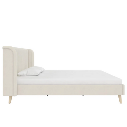 King Size Upholstered Wingback Platform Bed – Luxe Velvet Headboard with Vertical Tufting, Mid-Century Modern Design, and Space-Saving Wooden Frame