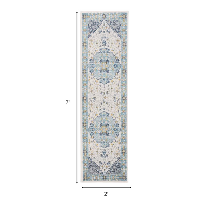 Distressed Oriental-Inspired Indoor Rug – Blue, Yellow & Cream Medallion Pattern, Stain-Resistant, Fade-Resistant, Perfect for Traditional & French Country Décor