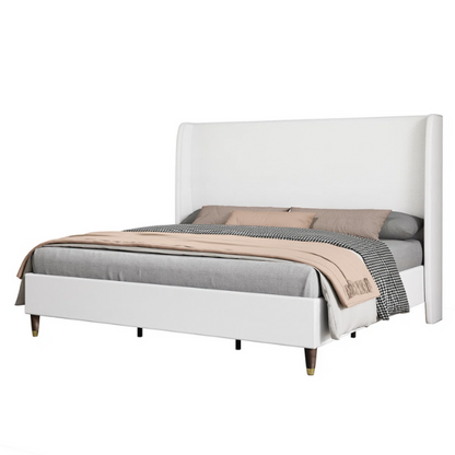 King Size Upholstered Platform Bed with Wingback Design, Foam-Padded Linen Headboard, and Steel Reinforced Frame