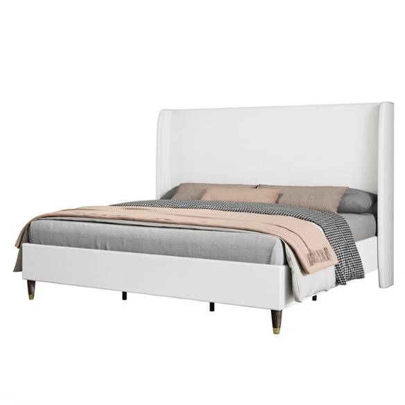 King Size Upholstered Platform Bed with Wingback Design, Foam-Padded Linen Headboard, and Steel Reinforced Frame