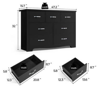 French Country-Inspired 47.2" 7-Drawer Double Dresser with Scalloped Apron and Elegant Metal Handles