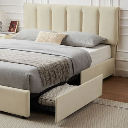 Velvet Upholstered Queen Size Platform Bed with Adjustable Headboard and 4 Storage Drawers