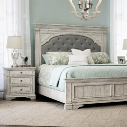 Rustic White King 5-Piece Bedroom Set – Upholstered Tufted Bed, Nightstand, Dresser with Mirror, and Chest