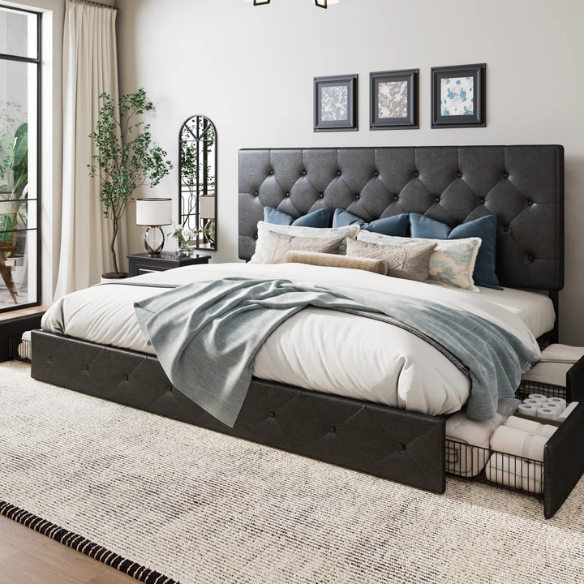 King Size Upholstered Platform Bed with Storage Drawers, Padded Headboard, and Sophisticated Button Tufting