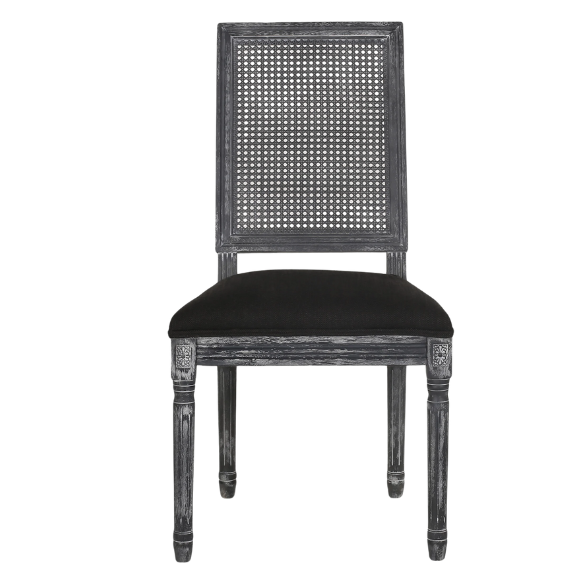 French Country Wood and Cane Upholstered Dining Chairs – Weathered Rubberwood Frame with Fluted Legs & Rectangular Cane Backrest