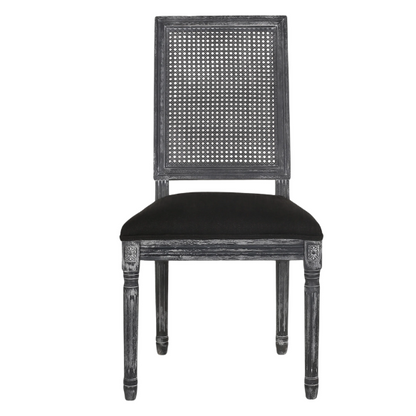 French Country Wood and Cane Upholstered Dining Chairs – Weathered Rubberwood Frame with Fluted Legs & Rectangular Cane Backrest