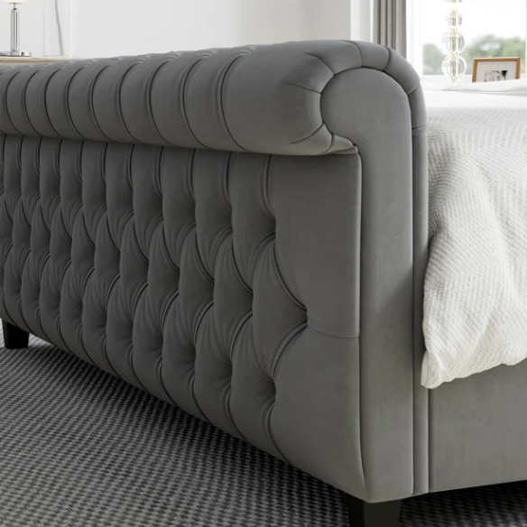 Luxurious Queen Size Upholstered Sleigh Bed with Button Tufting and Rich Chenille Fabric