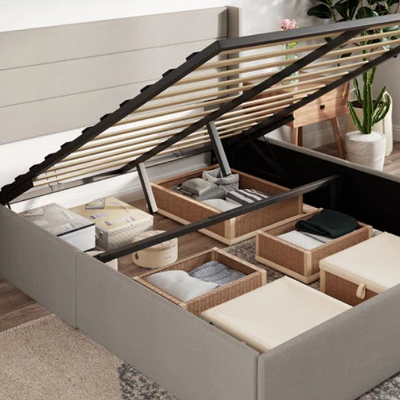 Modern King Size Upholstered Platform Bed with Hydraulic Lift Storage – Sleek Grooved Headboard, Space-Saving Design, and No Box Spring Needed