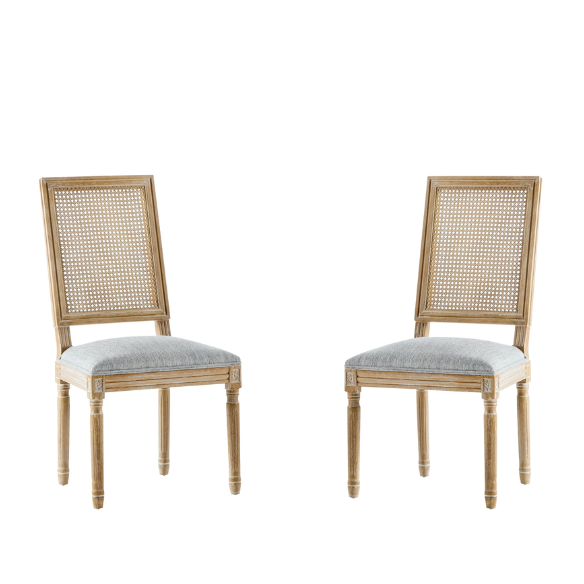 French Country Wood and Cane Upholstered Dining Chairs – Weathered Rubberwood Frame with Fluted Legs & Rectangular Cane Backrest