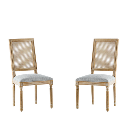 French Country Wood and Cane Upholstered Dining Chairs – Weathered Rubberwood Frame with Fluted Legs & Rectangular Cane Backrest