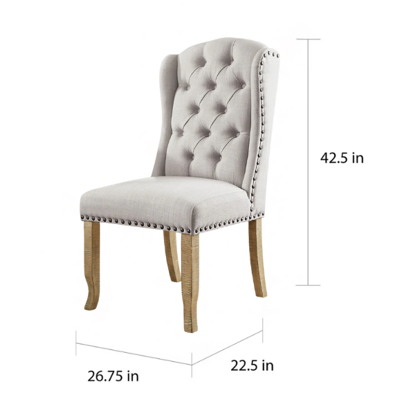 Neutral Ivory Wingback Dining Chairs – Set of 2, Tufted Back & Rustic Pine Legs