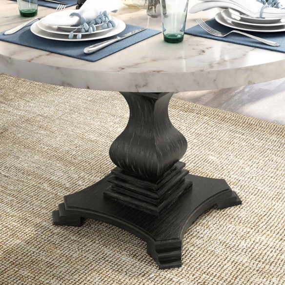 48-inch Round Black and White Marble Pedestal Dining Table – Rustic White with Antique Black Finish, Geometric Carved Base, Ideal for Modern Farmhouse Dining