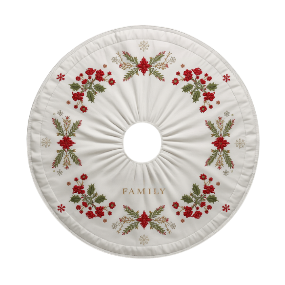 White Christmas Tree Skirt Embroidered with Red Berries & Green Holly