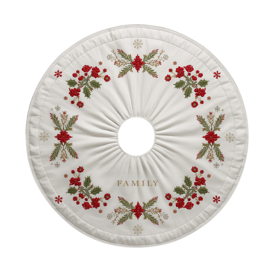 White Christmas Tree Skirt Embroidered with Red Berries & Green Holly