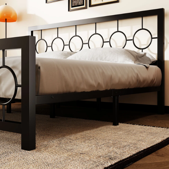 Modern King Size Metal Open-Frame Platform Bed with Art Deco-Inspired Circle Medallion Details – Sleek, Clean-Lined Design with Sturdy Metal Frame and Minimalist Aesthetic