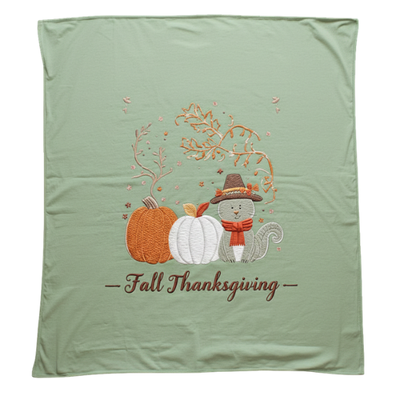 Fall Thanksgiving Pumpkin and Cat Cute Embroidered Blanket
