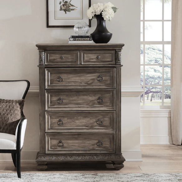 Brown & Beige King Poster Bedroom Set with Dresser, Mirror, Chest & Nightstand – Rustic Hickory Veneers, Sand Linen Upholstery, Antique Brass Accents