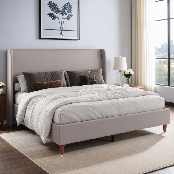Queen Size Sleek and Minimalist Upholstered Platform Bed with Soft Linen Fabric – Elegant and Modern Design