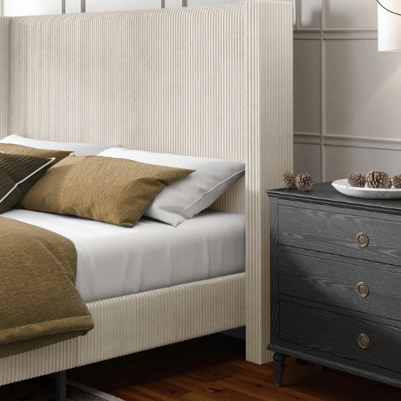 Queen Size Upholstered Bed with Soft Corduroy Fabric and Solid Wood Legs – Stylish and Comfortable Design