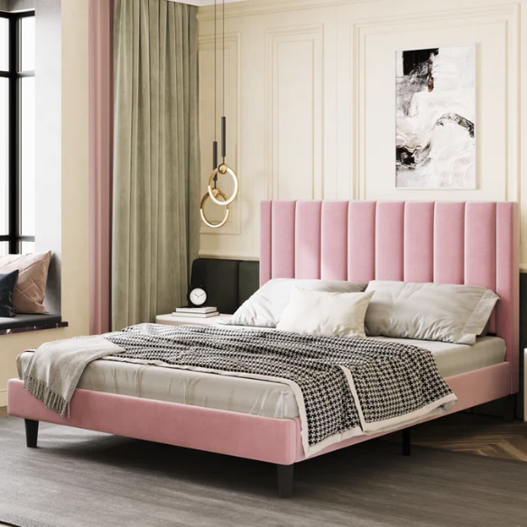 King Size Upholstered Platform Bed with Velvet Headboard, Foam Padding, and Noise-Free Construction for Ultimate Comfort
