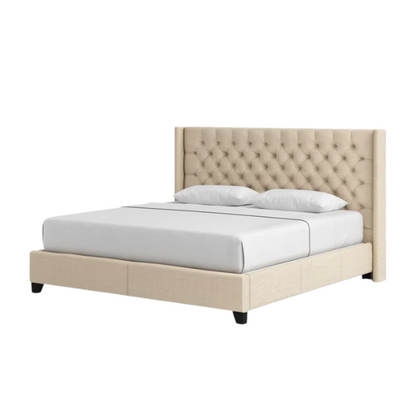 King Size Upholstered Wingback Bed with Linen Fabric, Tapered Legs, and Button Tufted Headboard