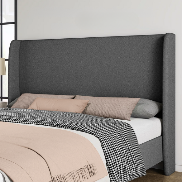 King Size Upholstered Platform Bed with Wingback Design, Foam-Padded Linen Headboard, and Steel Reinforced Frame