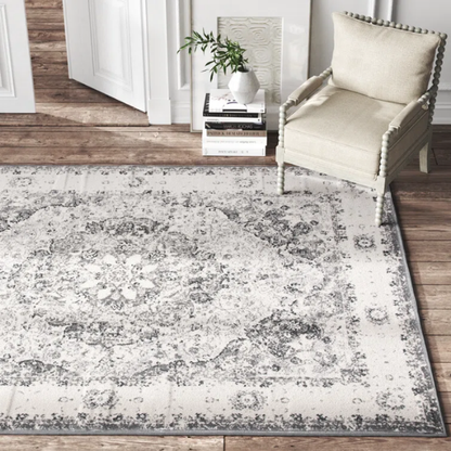 Distressed Oriental-Inspired Indoor Rug – Gray, Silver & Ivory Medallion Pattern, Stain-Resistant, Fade-Resistant, Perfect for Traditional & French Country Décor