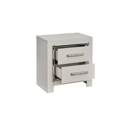 Opulent Silver Upholstered Panel King Bed Set with Metallic Gator Finish and Faceted Chrome-Tone Nightstands